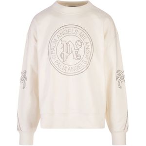 Palm Angels, Sweatshirts & Hoodies, Heren, Wit, S, Katoen, Witte Crewneck Sweatshirt met Studded Logo