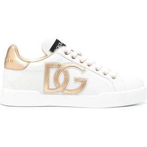 Dolce & Gabbana, Schoenen, Dames, Wit, 38 1/2 EU, Leer, Klassieke Wit Goud Sneaker