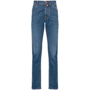 Jacob Cohën, Blauwe denim jeans met vervaagd effect en geborduurd logo Blauw, Heren, Maat:W35