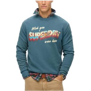 Superdry, Sweatshirts & Hoodies, Heren, Blauw, XL, Travel Postcard Grafische Sweater