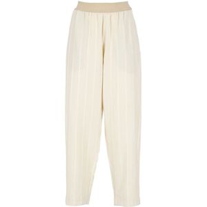 UMA Wang, Broeken, Dames, Beige, M, Katoen, Gestreepte Beige Katoenen Elastische Taille Broek