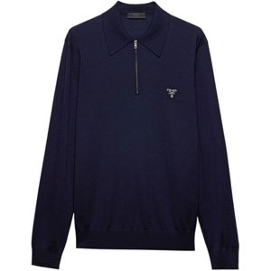 Prada, Tops, Heren, Blauw, L, Wol, Geborduurd Logo Wol Gebreid Poloshirt