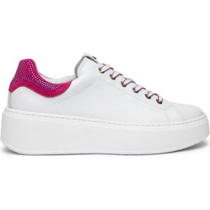 Nerogiardini, Schoenen, Dames, Wit, 37 EU, Suède, Witte Leren Sneakers met Fuchsia Inzet