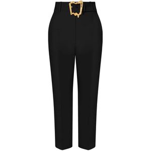 Moschino, Broeken, Dames, Zwart, S, Polyester, Cropped Stretch Broek met Afneembare Riem en Gouden Gesp