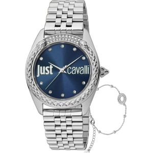 Just Cavalli, Accessoires, Dames, Grijs, ONE Size, Blauwe wijzerplaat analoge horloge Brillante