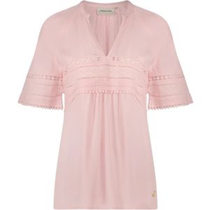 Fabienne Chapot, Blouses & Shirts, Dames, Roze, S, Roze V-hals top met pompom en openwork details