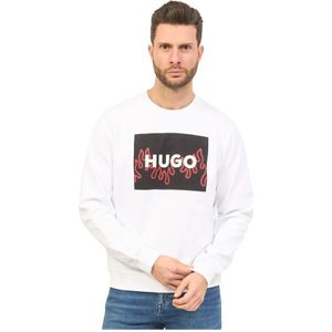 Hugo Boss, Sweatshirts & Hoodies, Heren, Wit, S, Katoen, Heren Regular Fit Witte Trui met Vlam Logo