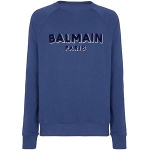 Balmain, Sweatshirts & Hoodies, Heren, Blauw, 2Xl, Katoen, Metallic flock sweatshirt