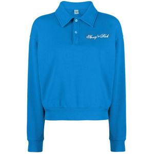 Sporty & Rich, Sweatshirts & Hoodies, Dames, Blauw, L, Katoen, Logo-Geborduurd Polo-Kraag Sweatshirt