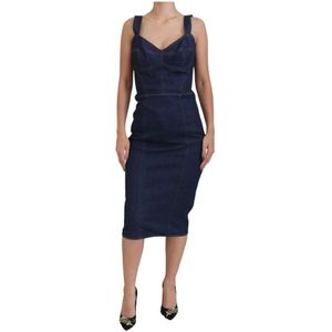 Dolce & Gabbana, Kleedjes, Dames, Blauw, XS, Katoen, Donkerblauwe Katoenen Denim Sheath Midi Jurk