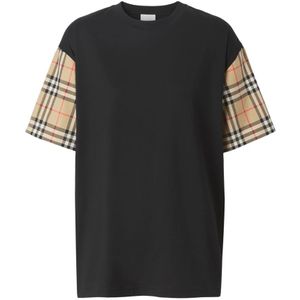 Burberry, Tops, Dames, Zwart, XS, Katoen, Vintage Check-mouw T-shirt