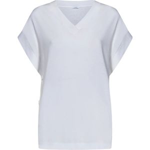 Malo, Wit Loose Fit T-Shirt met V-hals en knopen Wit, Dames, Maat:L