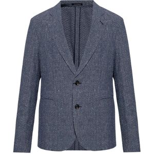 Emporio Armani, Jassen, Heren, Blauw, L, Linnen, Gestructureerde Linnen Blend Blazer