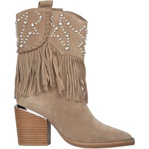 Alma EN Pena, Schoenen, Dames, Beige, 38 EU, Studded Fringed Enkellaarzen