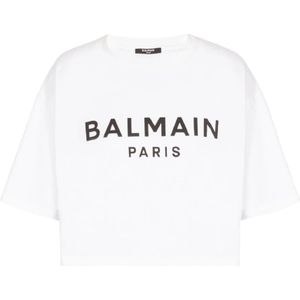 Balmain, Tops, Dames, Wit, L, Katoen, Ecologisch verantwoord kortgeknipt katoenen T-shirt met logoprint