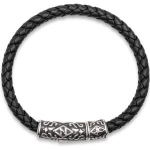 Nialaya, Men's Black Leather Bracelet with Silver Tube Lock Zwart, Heren, Maat:L