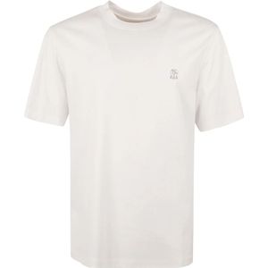 Brunello Cucinelli, Tops, Heren, Wit, XL, Katoen, Wit Katoenen T-Shirt met Geborduurd Logo