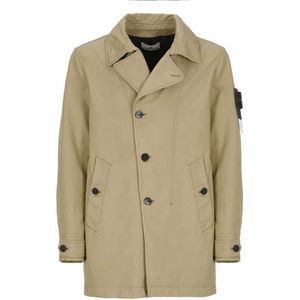 Stone Island, Mantels, Heren, Beige, M, Beige Gewatteerde Lange Jas Kraag