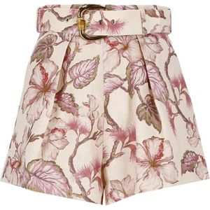 Zimmermann, Korte broeken, Dames, Roze, XS, Linnen, Roze linnen shorts met bloemenpatroon en riem