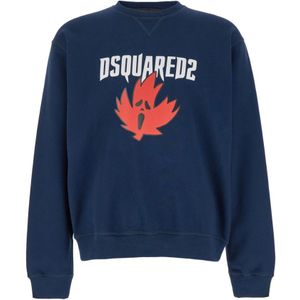 Dsquared2, Sweatshirts & Hoodies, Heren, Blauw, L, Katoen, Maple Print Crewneck Sweatshirt