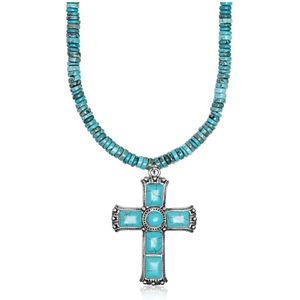 Nialaya, Beaded Turquoise Choker with Statement Cross Blauw, Dames, Maat:ONE Size