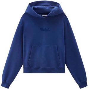 Woolrich, Sweatshirts & Hoodies, Dames, Blauw, M, Katoen, Logo Hoodie in Katoen Fleece