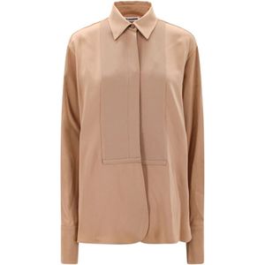 Jil Sander, Blouses & Shirts, Dames, Beige, S, Satijn, Beige Satijnen Shirt, Klassieke Kraag, Lange Mouwen