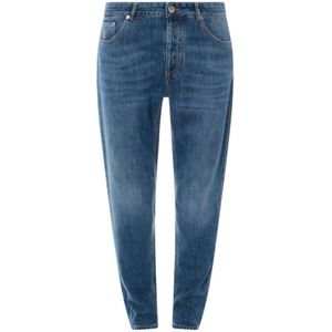Brunello Cucinelli, Blauwe Ss 24 Jeans met Logo Borduursel Blauw, Heren, Maat:L