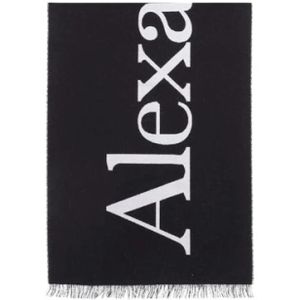 Alexander McQueen, Accessoires, Heren, Zwart, ONE Size, Wol, Zwarte wollen sjaal met contrasterend logo jacquard