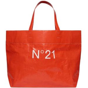N21, Oranje Shopper Tas met Vierkant Design Oranje, Dames, Maat:ONE Size