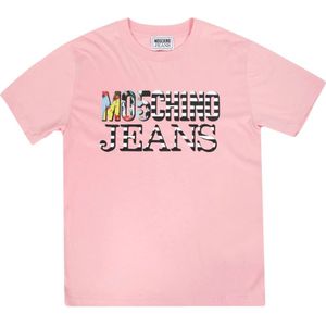 Moschino, Tops, Dames, Roze, XS, Katoen, Katoenen T-shirt met Multicolor Logo Print