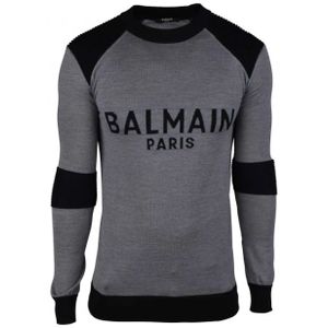 Balmain, Sweatshirts & Hoodies, Heren, Grijs, S, Wol, Grijze wollen trui met zwart logo