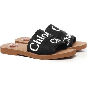 Chloé, Schoenen, Dames, Zwart, 39 EU, Linnen, Zwarte Linnen Platte Instap Sandalen