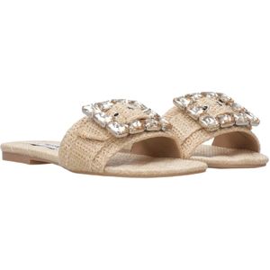 Steve Madden, Schoenen, Dames, Beige, 41 EU, Raffia Getaway Patroon Sandalen met Gesp