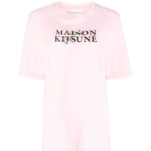 Maison Kitsuné, Tops, Dames, Roze, M, Katoen, Lichtroze Bloemenprint Logo T-shirt