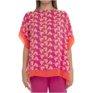 Seventy, Blouses & Shirts, Dames, Roze, ONE Size, Bloemenprint Zijden Bootvormige Poncho