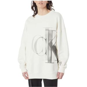 Calvin Klein, Sweatshirts & Hoodies, Dames, Beige, S, Comfortabele Oversized Hoodless Sweatshirt