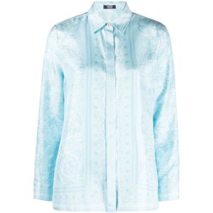 Versace, Blauwe Barocco Print Zijden Overhemd Blauw, Dames, Maat:S