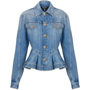 Balmain, Jassen, Dames, Blauw, S, Katoen, Geplooide spijkerjas