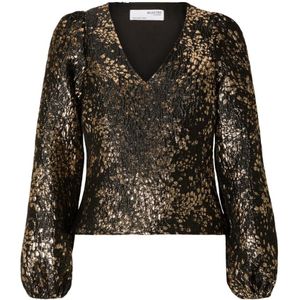 Selected Femme, Blouses & Shirts, Dames, Veelkleurig, XS, Polyester, Gouden Leo Longsleeve Top met V-Hals