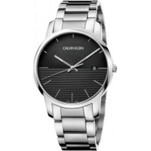 Calvin Klein, Accessoires, Dames, Grijs, ONE Size, Elegante Quartz Horloge met Zwarte Wijzerplaat en Zilveren Stalen Band
