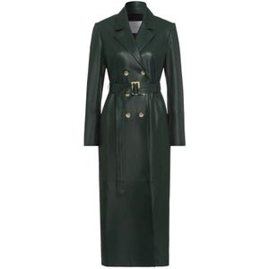 IVY Oak, Mantels, Dames, Groen, XL, Leer, Groene Leren Trenchcoat Midi Lengte