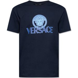 Versace, Tops, Heren, Blauw, XL, Katoen, T-shirt met logo