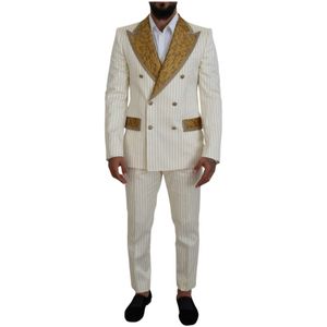 Dolce & Gabbana, Pakken, Heren, Veelkleurig, S, Katoen, Off White Gouden Gestreepte Tuxedo Slim Fit Pak
