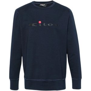 Kiton, Sweatshirts & Hoodies, Heren, Blauw, M, Katoen, Blauwe Sweater Logo Print Ronde Hals