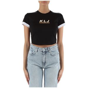Karl Lagerfeld, Tops, Dames, Zwart, S, Katoen, Biologisch Katoen Slim Fit Cropped T-shirt