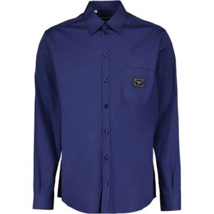 Dolce & Gabbana, Overhemden, Heren, Blauw, 2Xl, Katoen, Essentiële Shirt met Logo en Knoopsluiting