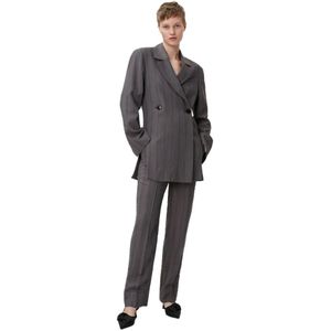 Ganni, Jassen, Dames, Grijs, M, Polyester, Gestreepte Zij-Split Blazer