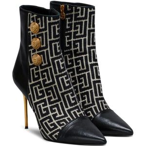 Balmain, Schoenen, Dames, Zwart, 40 EU, Polyester, Jacquard monogram en leren Roni enkellaarzen