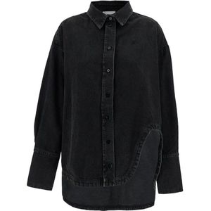 The Attico, Blouses & Shirts, Dames, Zwart, 2Xs, Denim, Zwarte Denim Oversized Overhemd met Asymmetrische Zoom